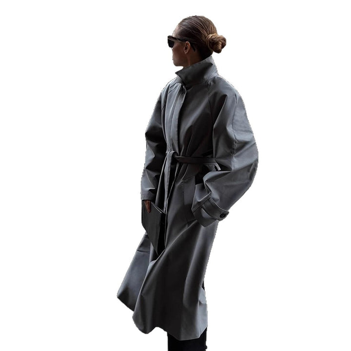 Women's Oversize Trench Coat with High Stand-Up Collar, Tie Belt and Hidden Button Placket Mune Fashion