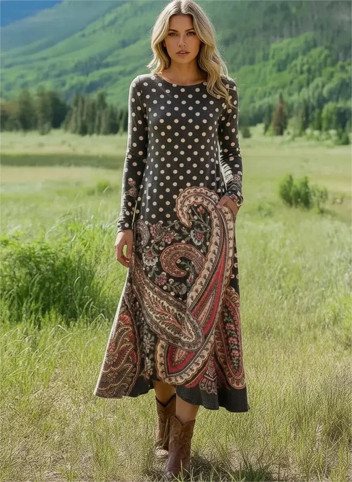Ladies Elegant Maxi Dress with Dots and Paisley Pattern Mune Fashion