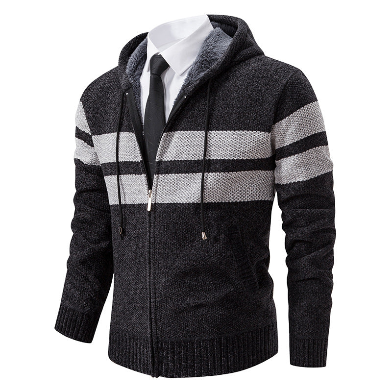 Men's knitted hoodie jacket with teddy lining, concealed zipper and contrast stripes Mune Fashion