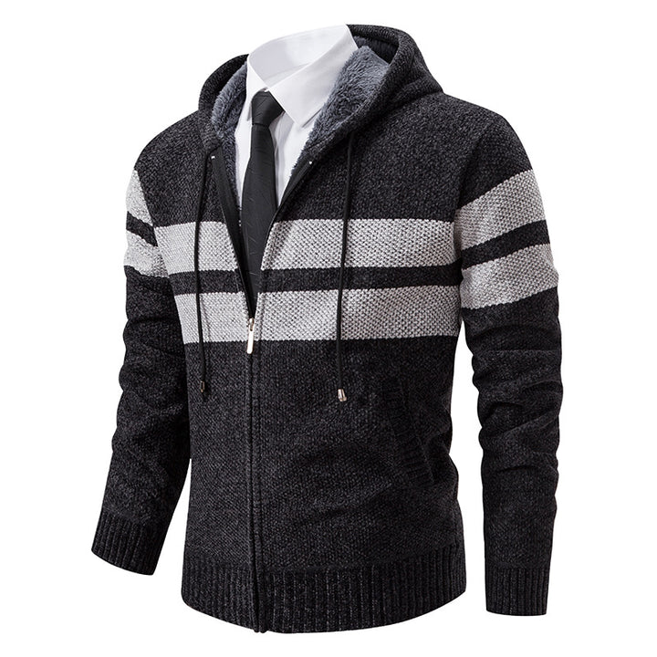 Men's knitted hoodie jacket with teddy lining, concealed zipper and contrast stripes Mune Fashion