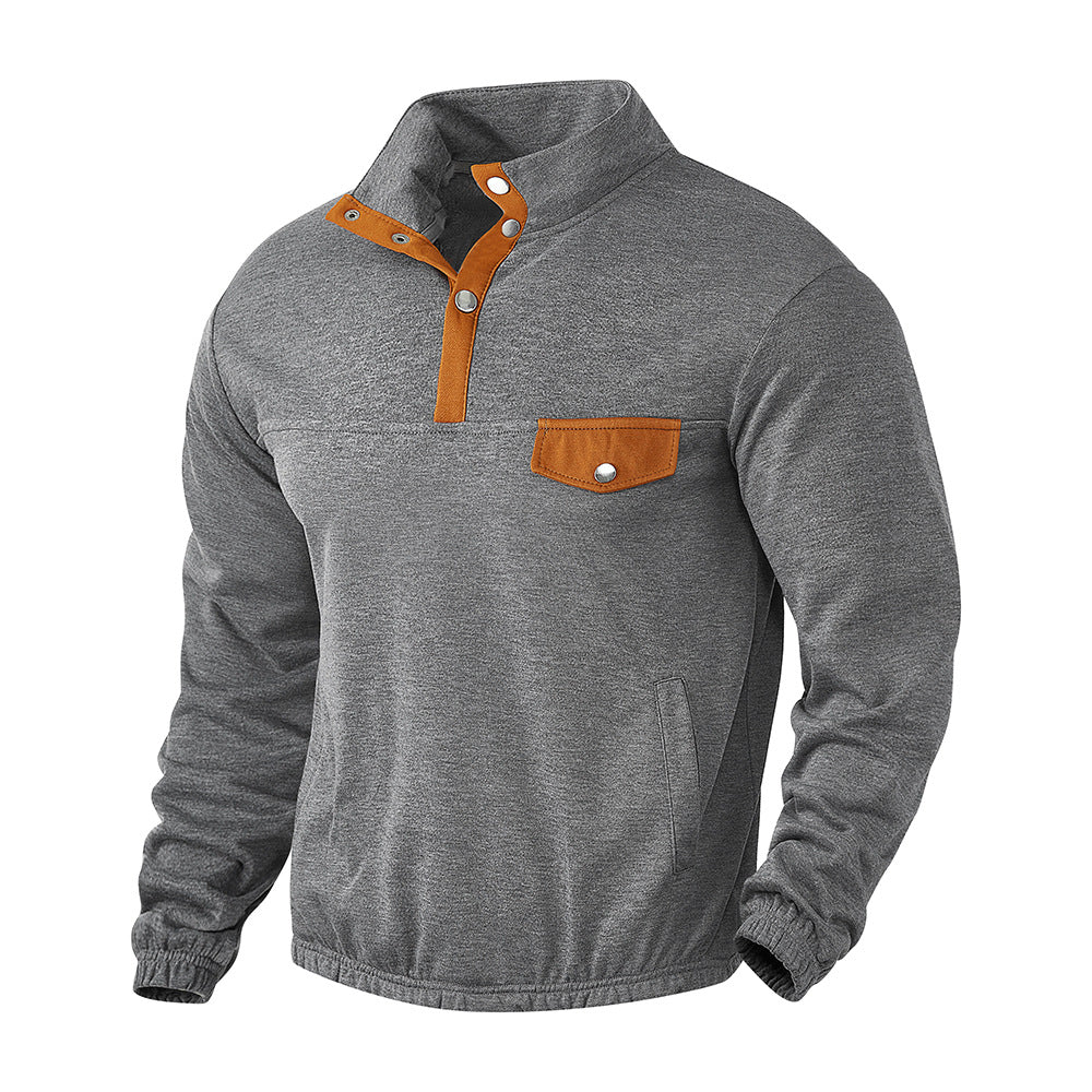 Men's Stand Collar Henley Sweatshirt with Snap Placket and Patch Chest Pocket Mune Fashion