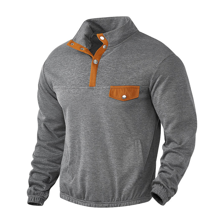 Men's Stand Collar Henley Sweatshirt with Snap Placket and Patch Chest Pocket Mune Fashion