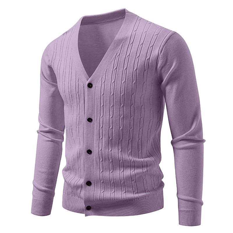 Men's fine-knit cardigan with deep V-neck slim fit and vertical cable knit Mune Fashion