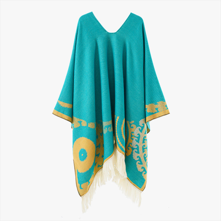 Women's wool blend medallion poncho with V-neck and fringe hem Mune Fashion
