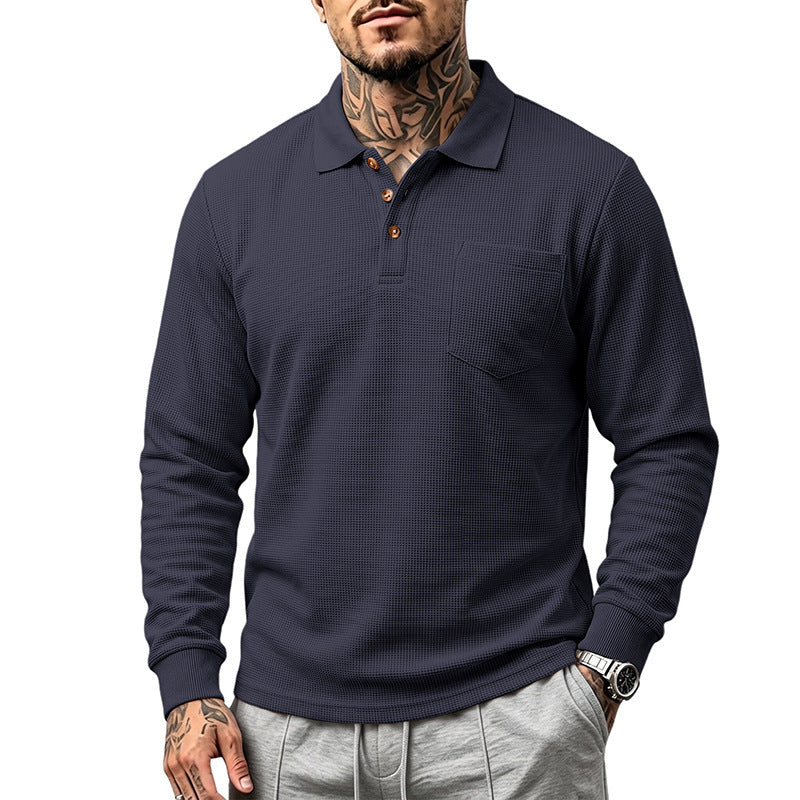 Men's Waffle Structured Long Sleeve Polo Shirt with Chest Pocket and Wood Button Placket Mune Fashion