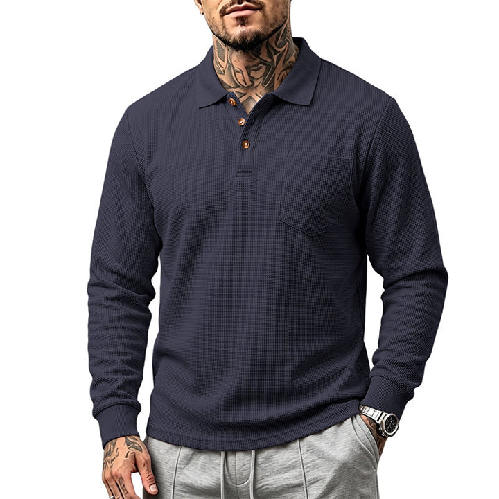 Men's Waffle Structured Long Sleeve Polo Shirt with Chest Pocket and Wood Button Placket Mune Fashion