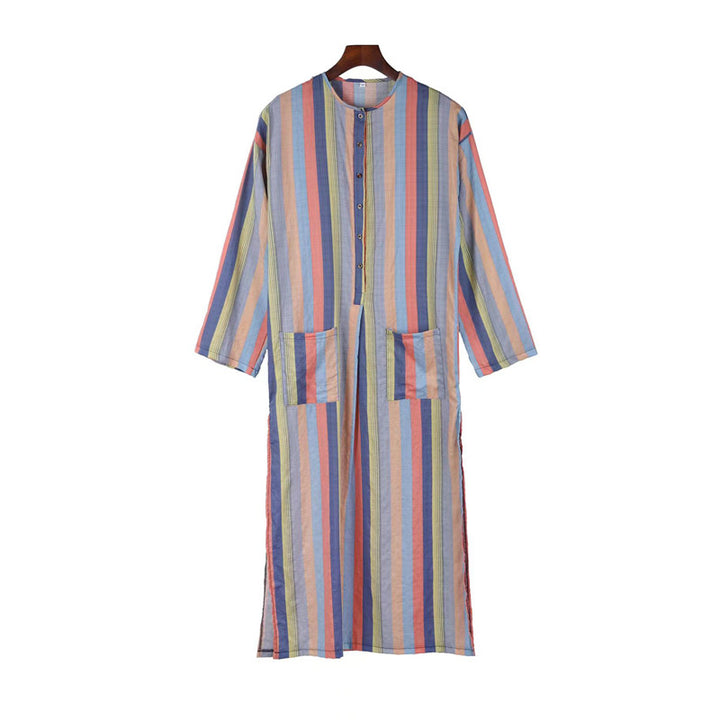 Men's ankle-length striped linen blend kaftan with stand-up collar and patch waist pockets Mune Fashion