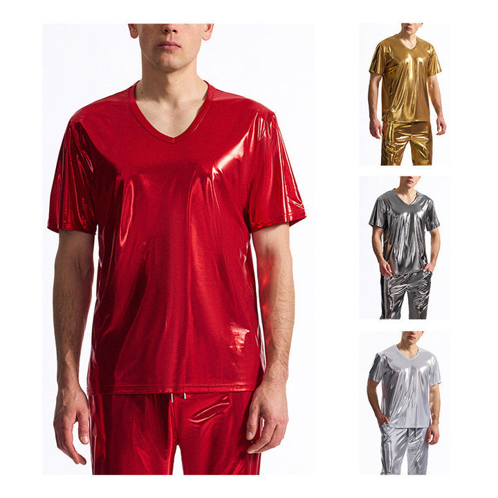 Men's Sporty Set Made Of Shiny Material with V-Neck Mune