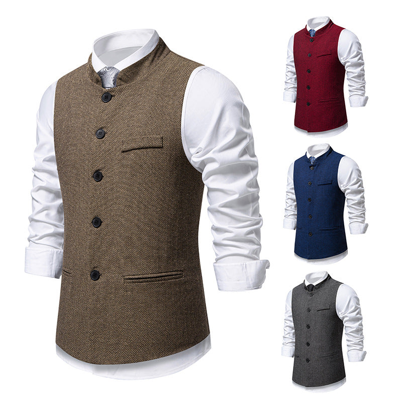 Men's elegant waistcoat with stand-up collar and herringbone pattern made of wool blend Mune Fashion
