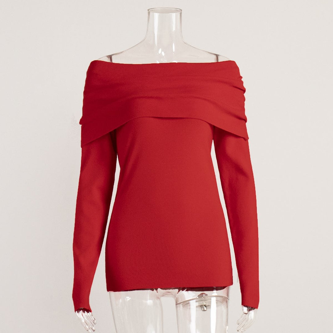 Women's off-the-shoulder fine knit sweater with foldable Carmen collar Mune Fashion