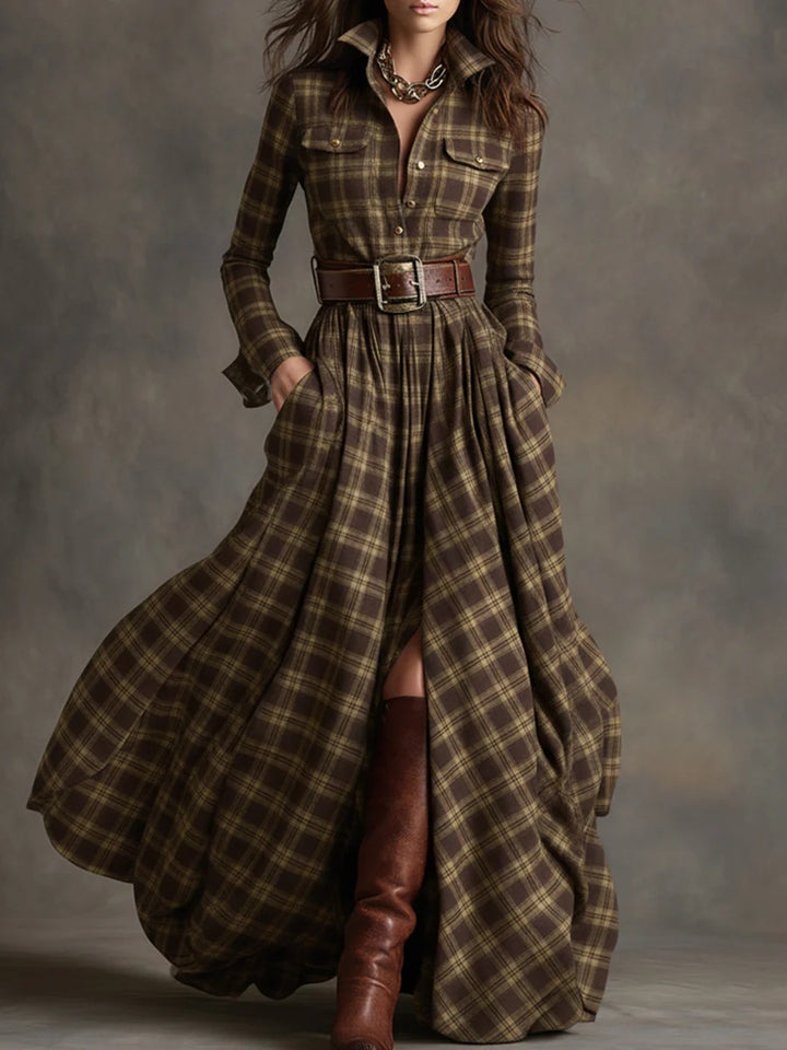 Women checked maxi dress shirt dress with flared skirt and wide waistband Mune Fashion