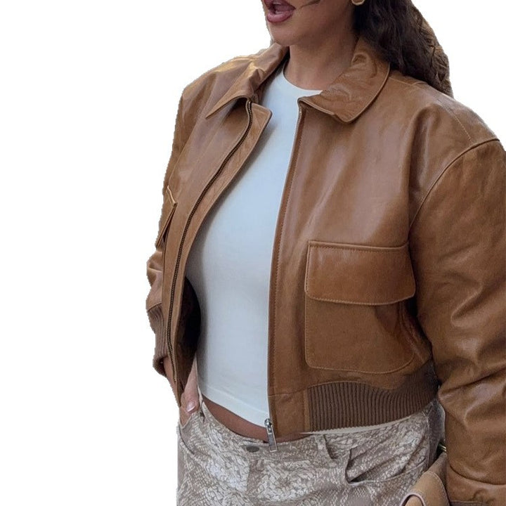 Women's Short Leather-Look Blouson Jacket with Large Flap Pockets and Ribbed Cuff Mune Fashion
