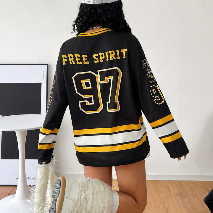 Women’s Casual Oversized Sweatshirt in Hockey Look with V-Neck and Block Stripes Mune Fashion