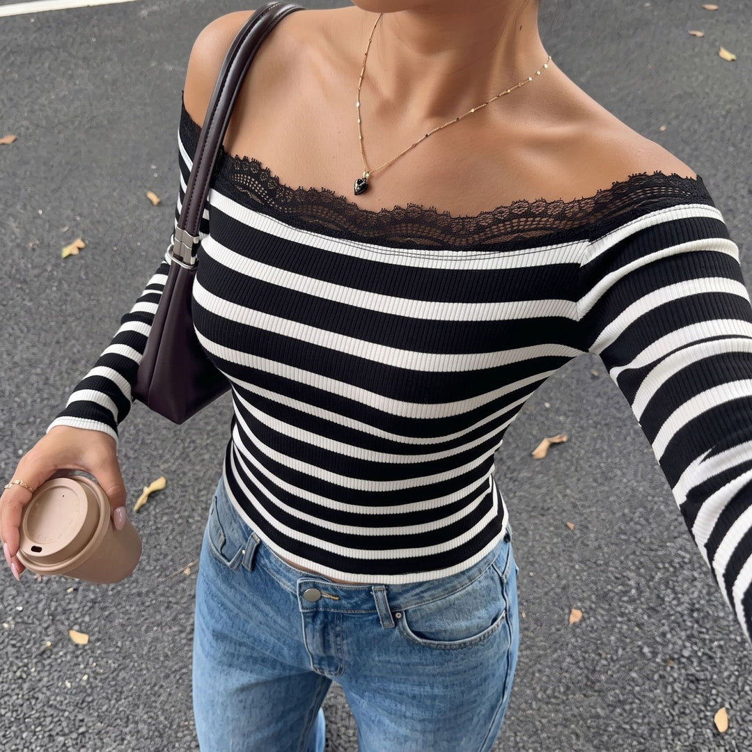 Women's Off-Shoulder Striped Top with Lace Edge Mune Fashion