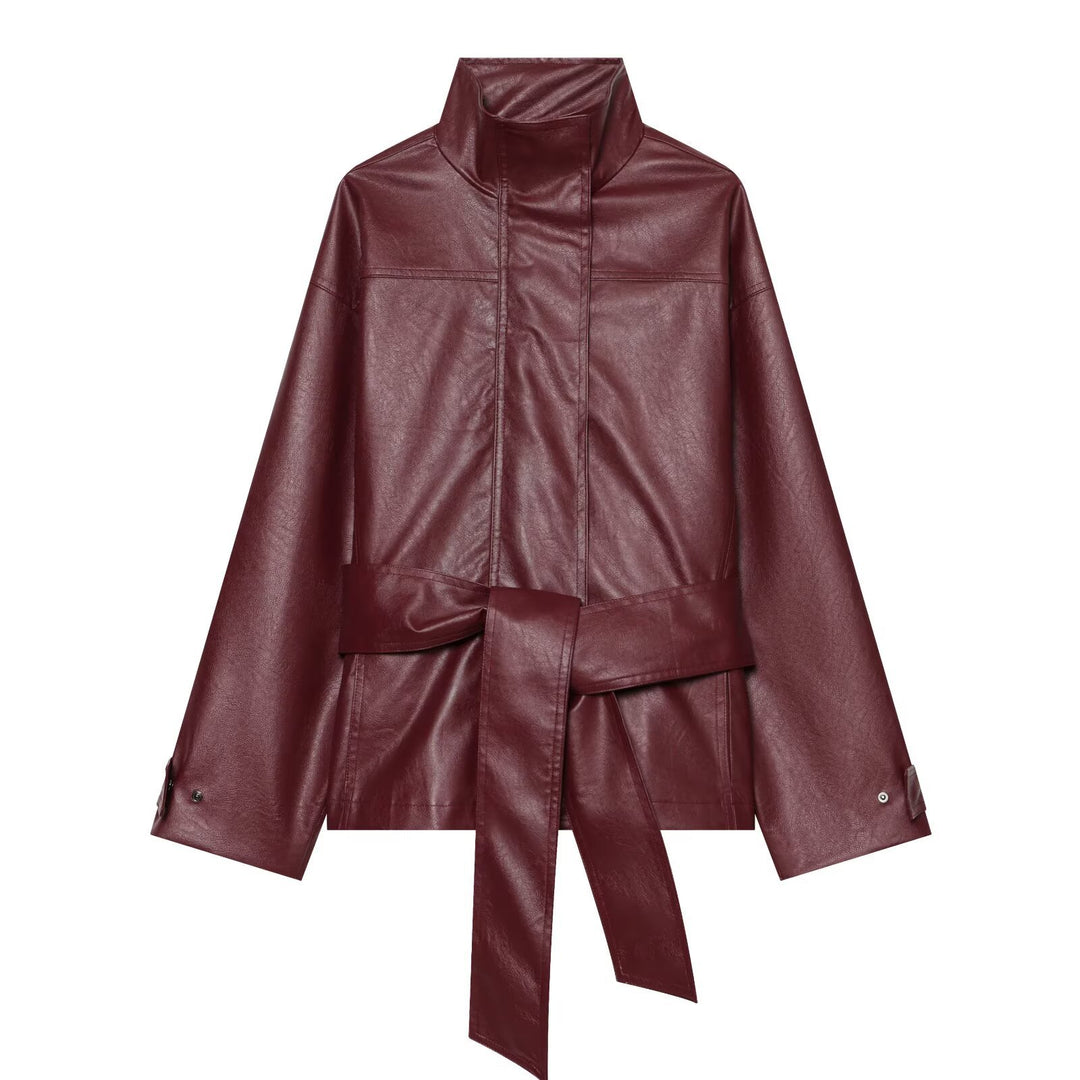 Women Tailored Faux Leather Jacket with High Stand Collar and Tie Belt Mune Fashion