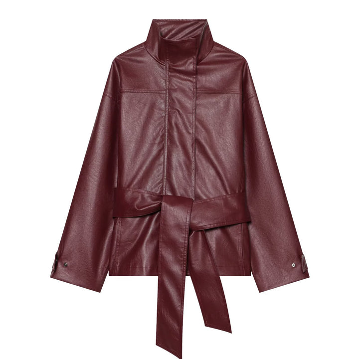 Women Tailored Faux Leather Jacket with High Stand Collar and Tie Belt Mune Fashion