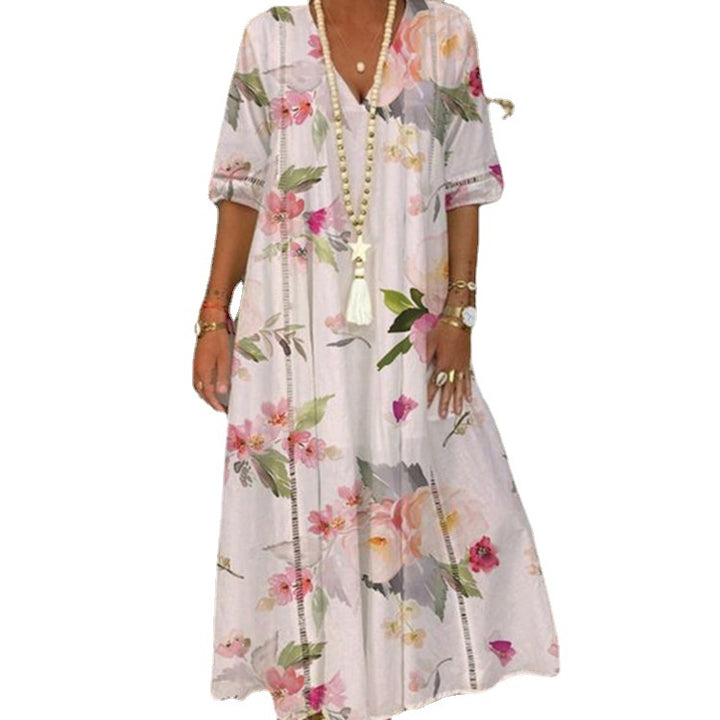 Ladies nan locker flowing Kaftan midimax dress with V-neck, openwork panels and lightweight linen blend quality Mune Fashion