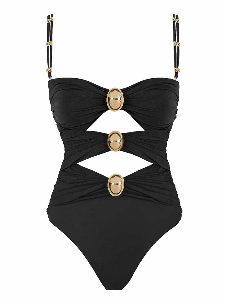 Women's one-piece swimsuit with intricate cut-outs and decorative metal accents Mune Fashion