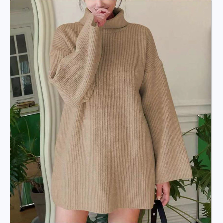 Women Oversized Ribbed Turtleneck Knit Dress with Bell Sleeves Mune Fashion