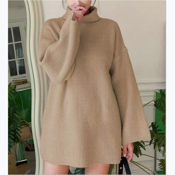 Women Oversized Ribbed Turtleneck Knit Dress with Bell Sleeves Mune Fashion