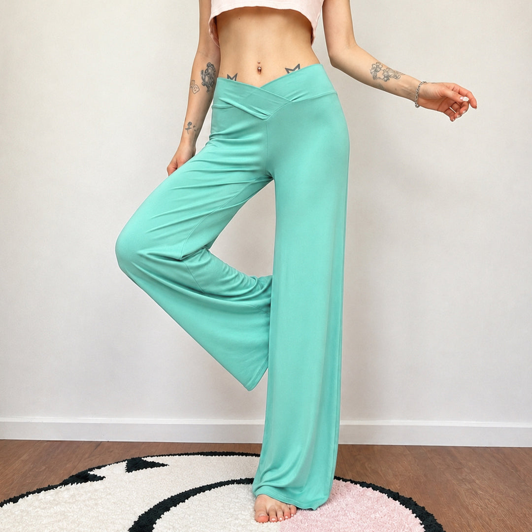 Women wide Palazzo pants with V-shaped waistband seam and elastic stretch jersey Mune Fashion