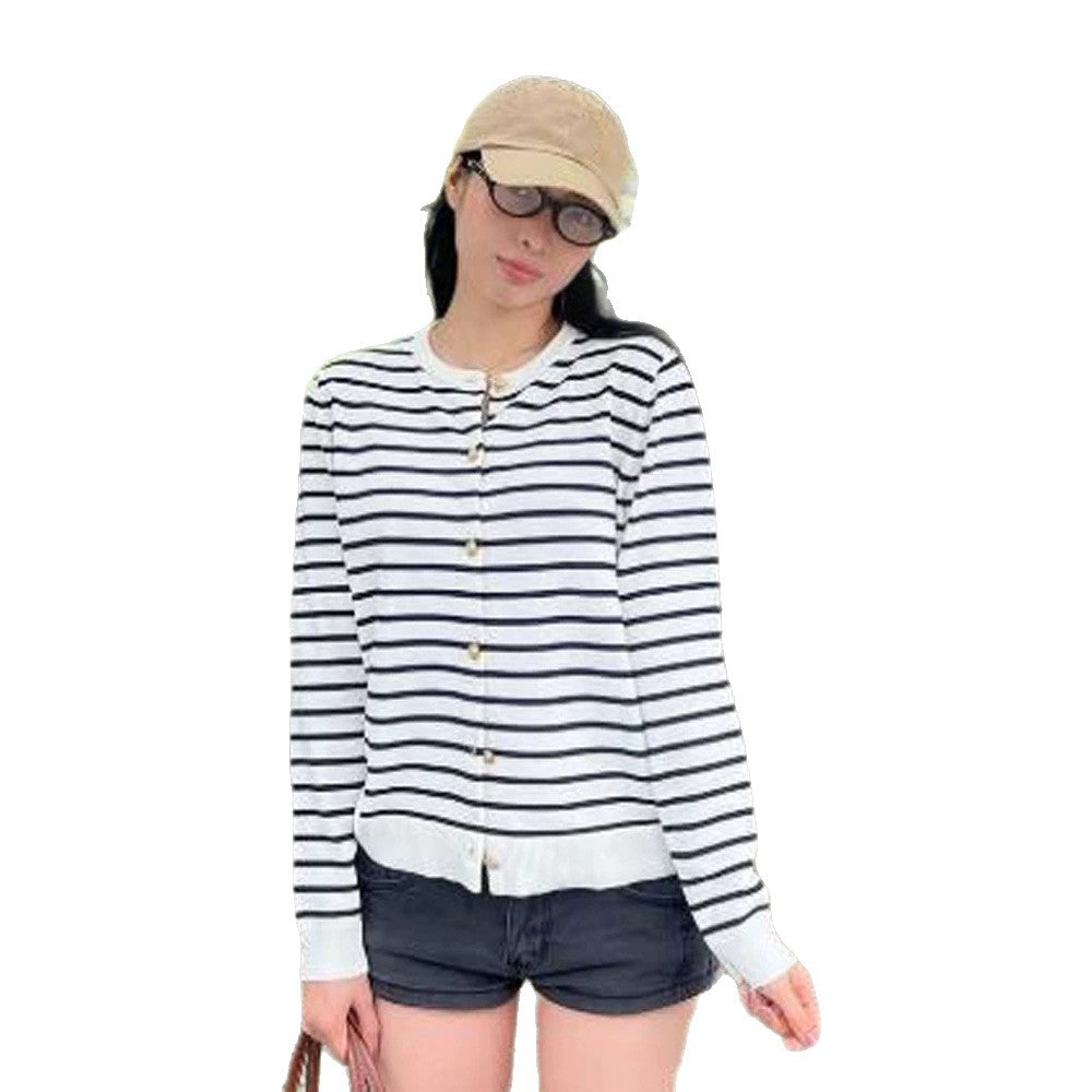 Women Striped Fine Knit Cardigan with Crew Neck and Golden Decorative Buttons Mune Fashion