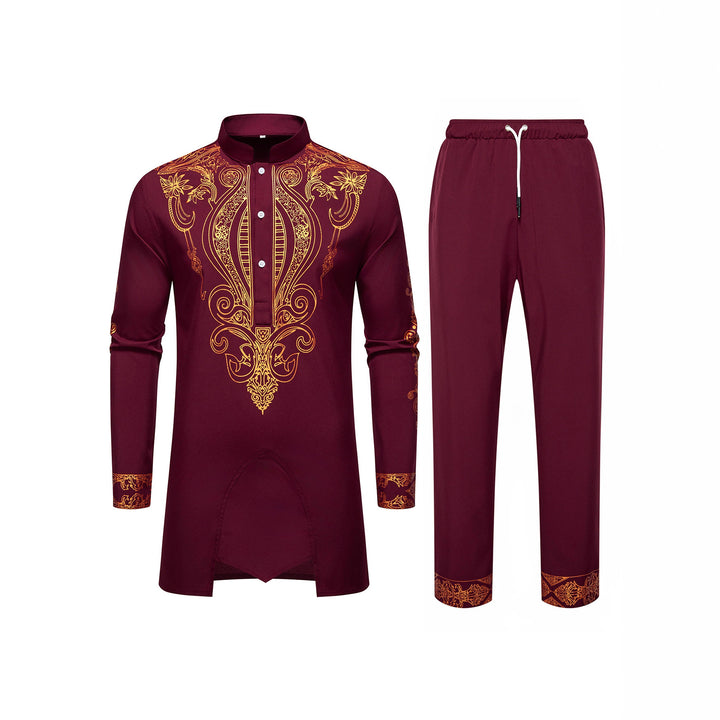 Men's Tunic Suit with Stand Collar and Ornamental Gold Application Mune Fashion