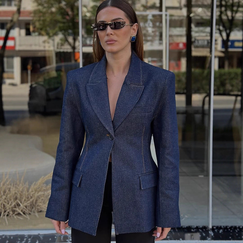 Women tailored jeans blazer with curved lapel Mune Fashion
