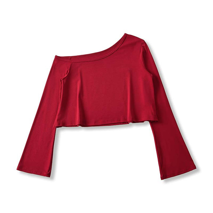 Women's Cropped Off-Shoulder Long Sleeve with Flared Trumpet Sleeves made of Jersey Mune Fashion