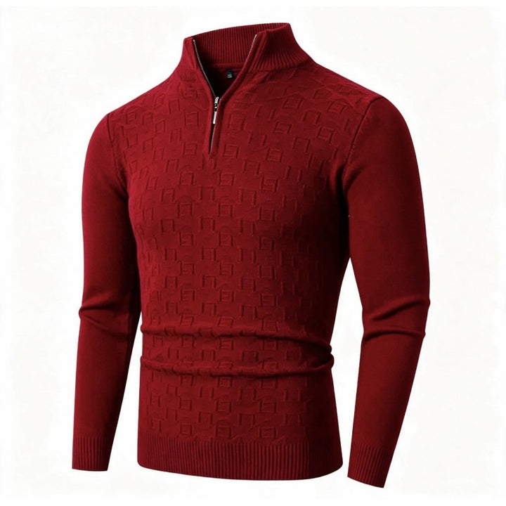 Men's Slim-Fit Fine Knit Half-Zip Sweater with Stand Collar and Geometric Relief Mune Fashion