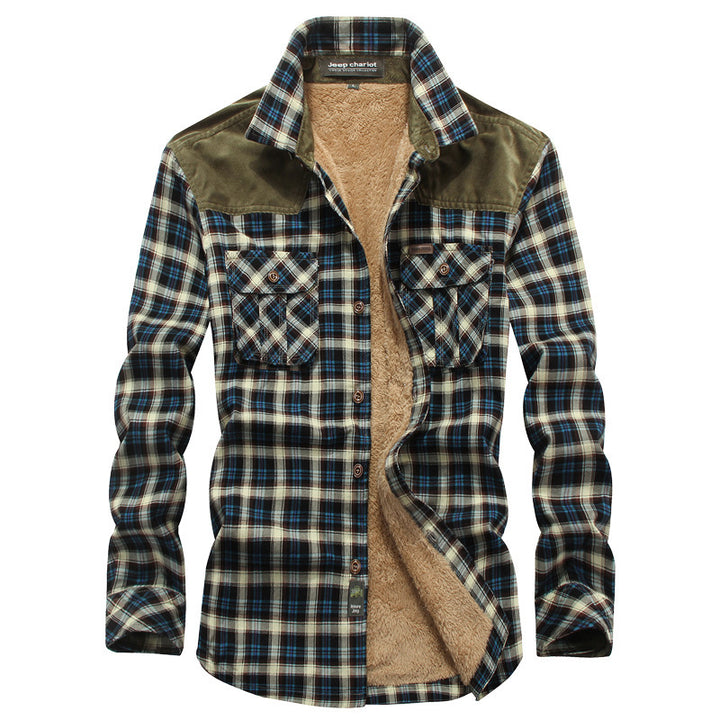 Men's Checked Flannel Shirt with Teddy Lining and Cord Shoulder Patches Mune Fashion