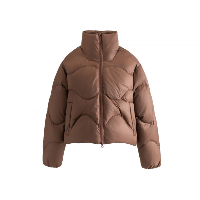 Women Short Quilted Jacket with High Collar and Wavy Quilting Mune Fashion