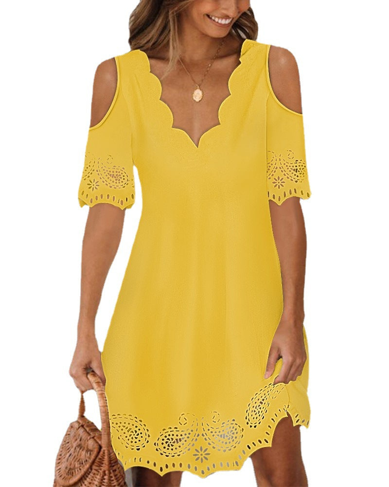 Ladies light A-line summer dress with shoulder openings, curved V-neckline and laser-cut lace trim Mune Fashion