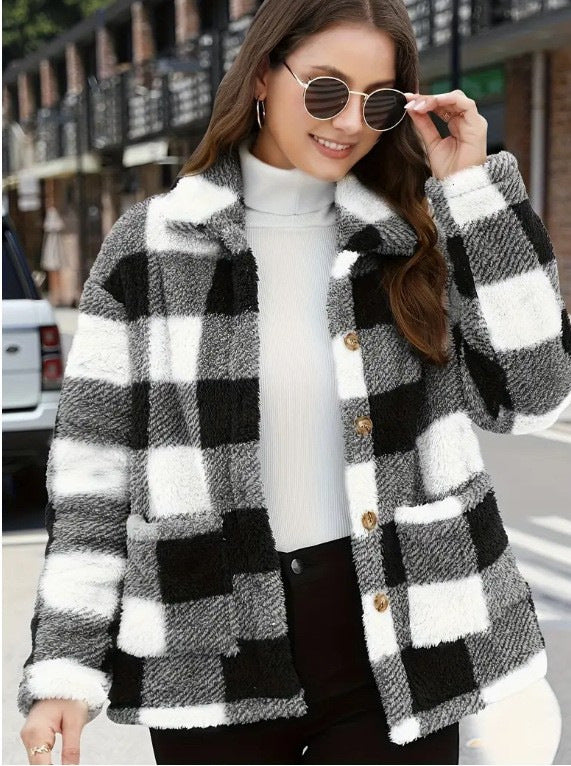Ladies non-padded checkered teddy fleece shacket with button placket and patch pockets Mune Fashion