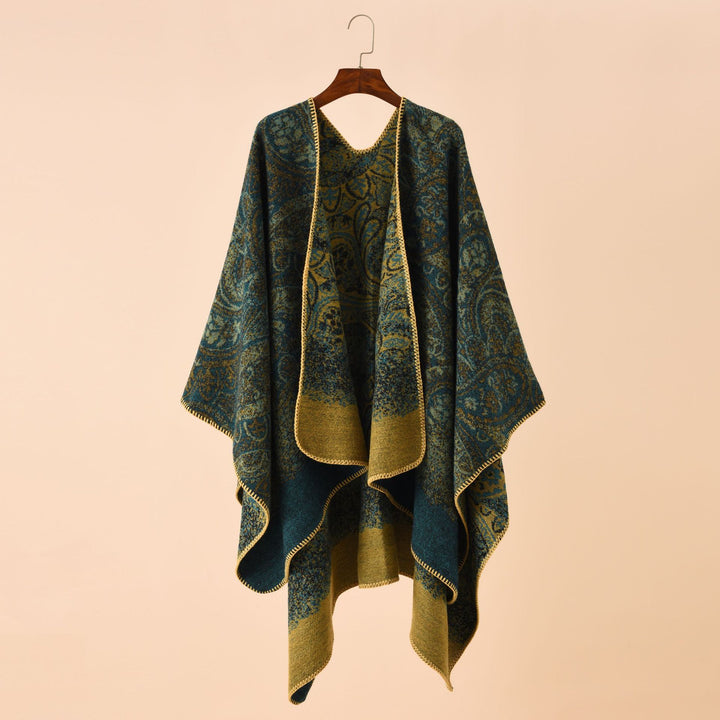 Women's Paisley-Jacquard-Cape Poncho made of wool blend with decorative chain stitch Mune Fashion