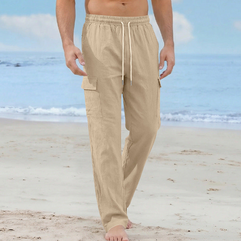 Men's cargo beach pants made of linen blend with elastic waistband and drawstring Mune Fashion