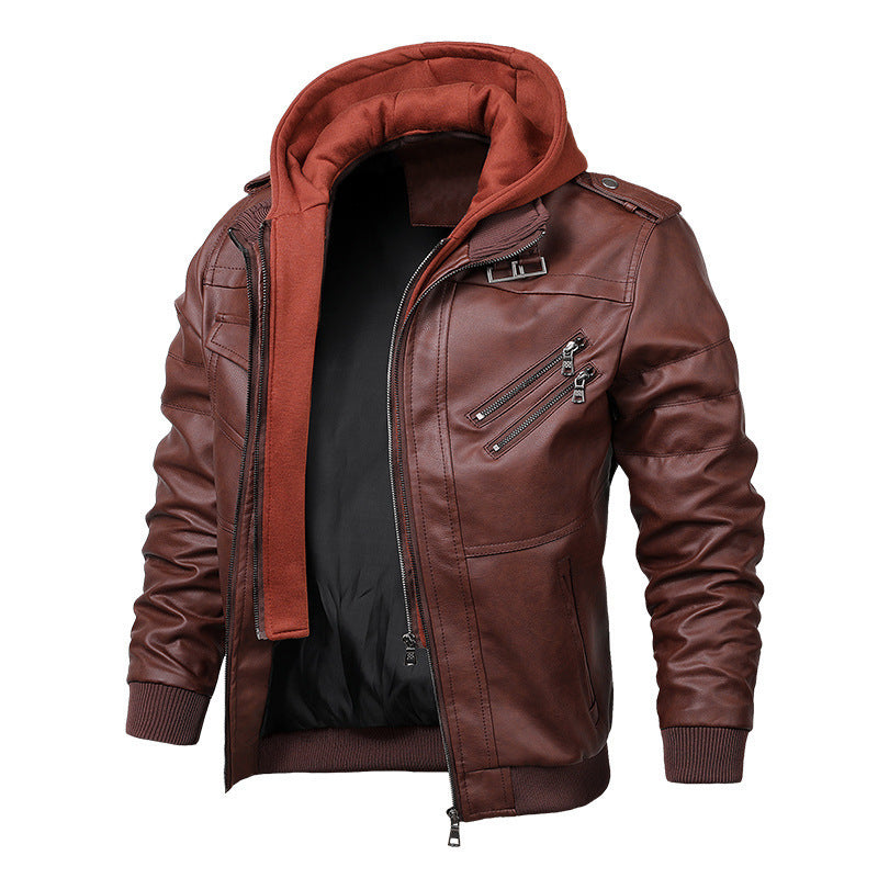 Men's Faux Leather Bomber Jacket with Hood Layer, Shoulder Patches and Utility Pockets Mune Fashion
