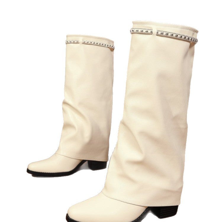 Women Knee-High Slouch Boots with Low Block Heel and Rhinestone Trim Mune Fashion
