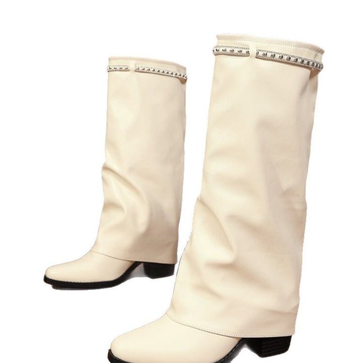 Women Knee-High Slouch Boots with Low Block Heel and Rhinestone Trim Mune Fashion
