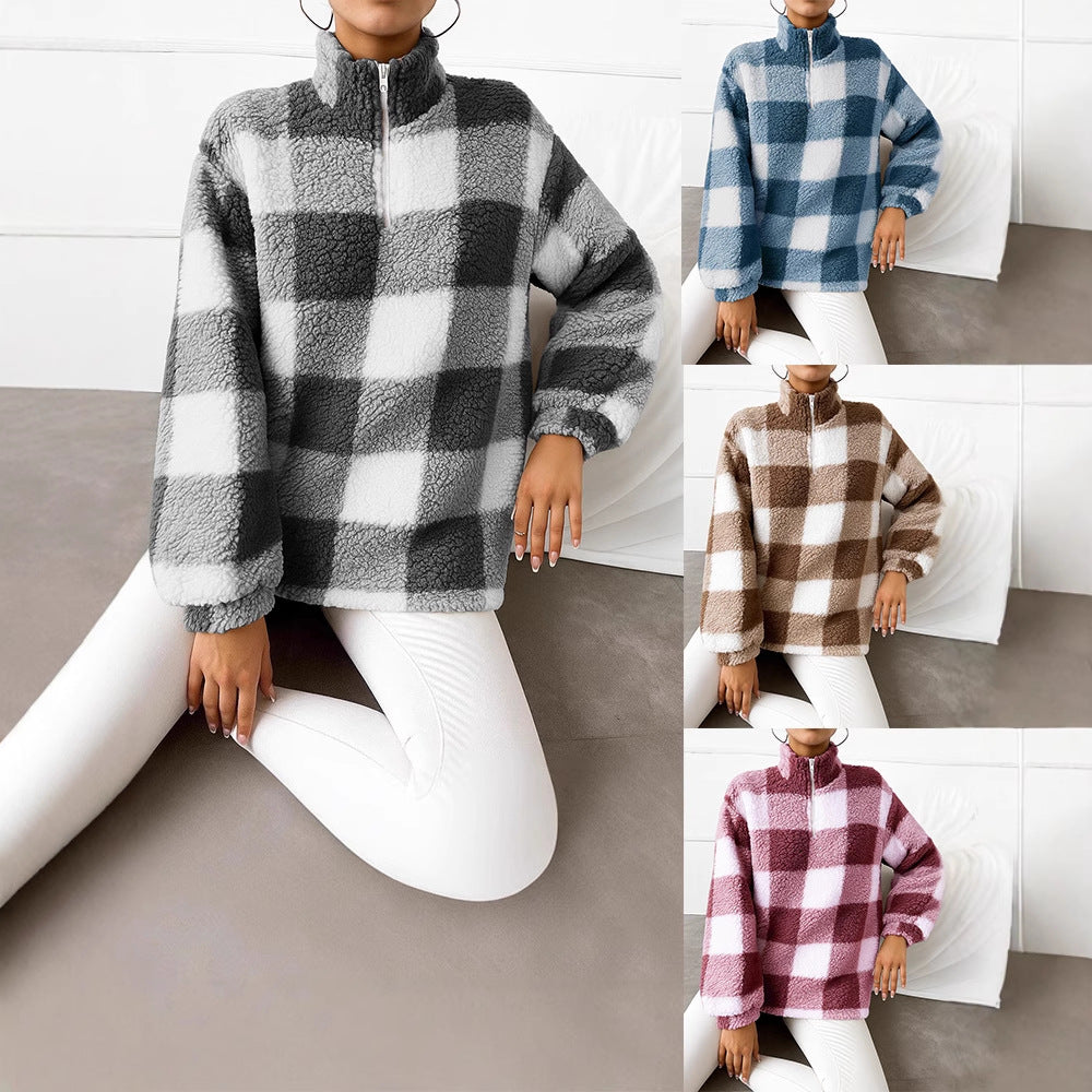 Ladies checked teddy fleece pullover with stand-up collar and half-height zipper Mune Fashion