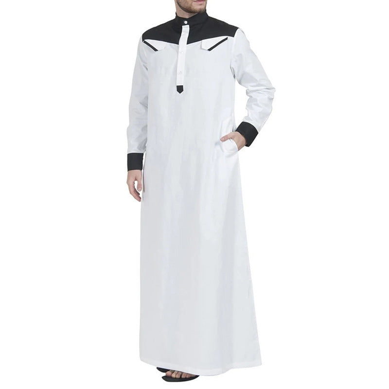 Men's long thobe with contrasting shoulder yoke, stand collar, and side pockets Mune Fashion