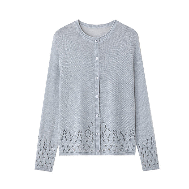 Women Fine Fine Knit Cardigan with Lace Pattern at the Hem and Round Neckline Mune Fashion