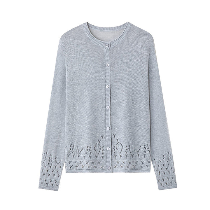 Women Fine Fine Knit Cardigan with Lace Pattern at the Hem and Round Neckline Mune Fashion