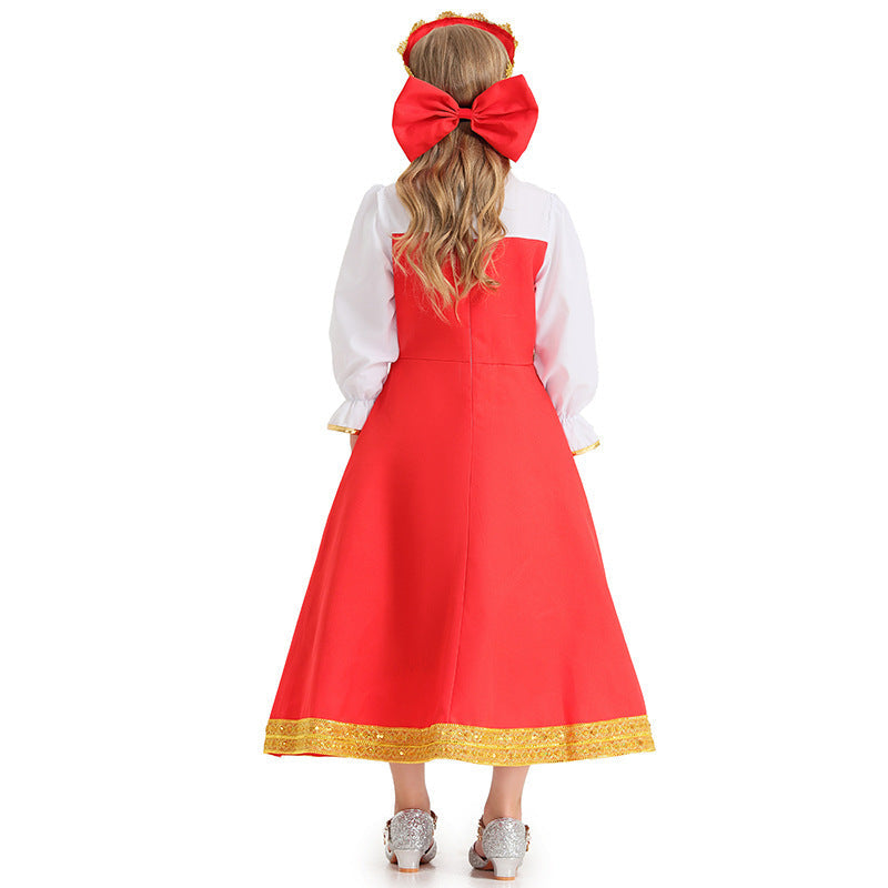 Girl Fairy Tale Costume with Elegant Ruffles and Golden Accents Mune Fashion