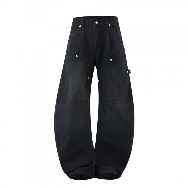Women's Wide Denim Carpenter Pants with Balloon Legs and Reinforced Knee Panels Mune Fashion