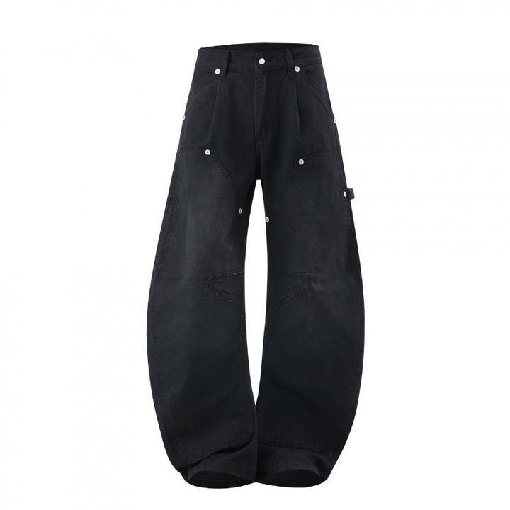 Women's Wide Denim Carpenter Pants with Balloon Legs and Reinforced Knee Panels Mune Fashion