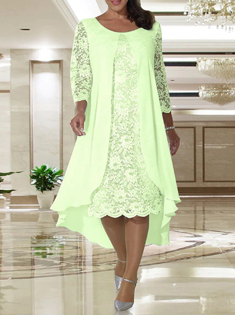 Ladies' elegant chiffon lace dress with high-low overlay and three-quarter sleeves Mune Fashion