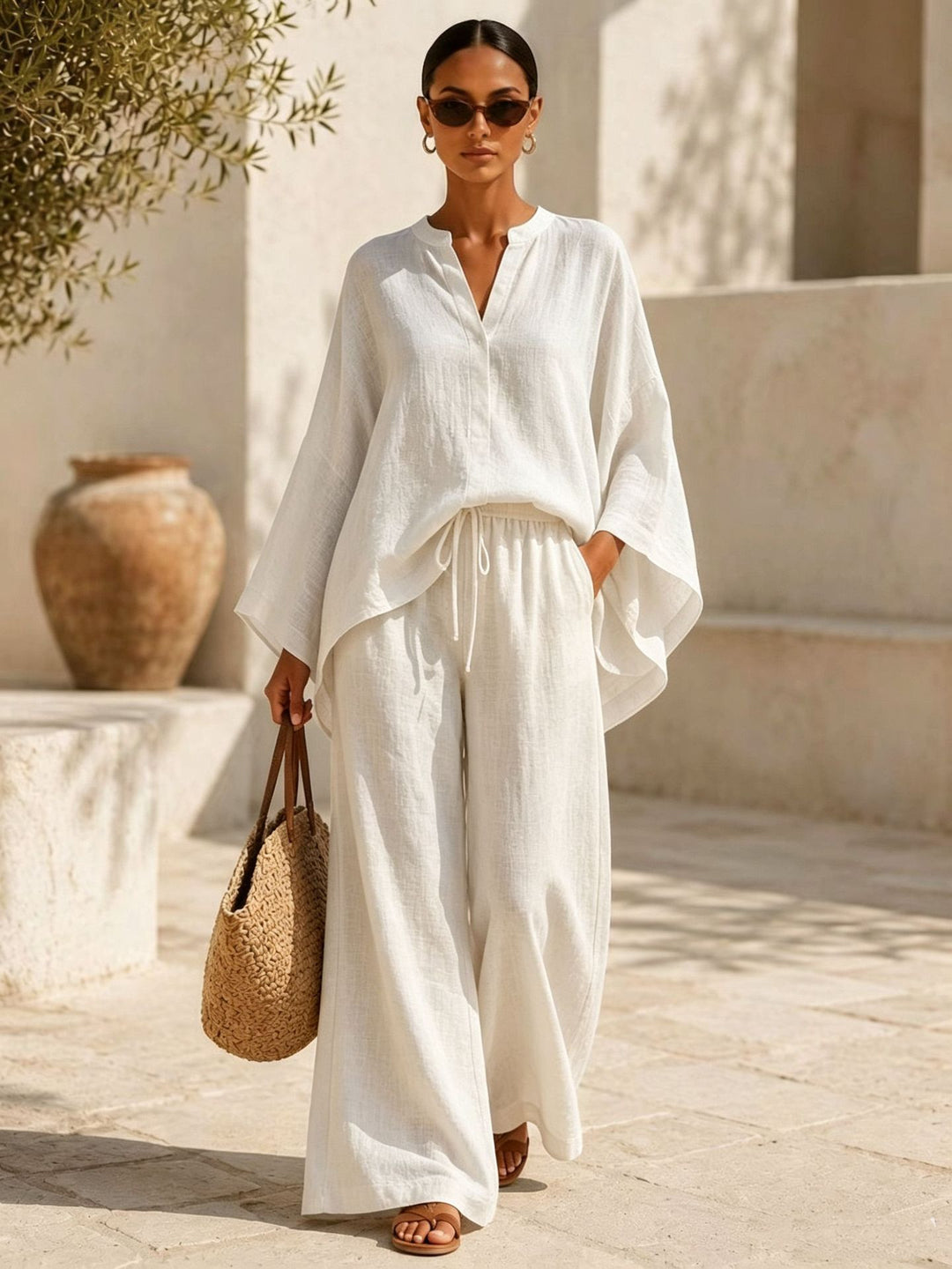 Women's Lightweight Linen-Blend Oversized Kaftan Top and Drawstring Wide-Leg Pants Set Mune Fashion