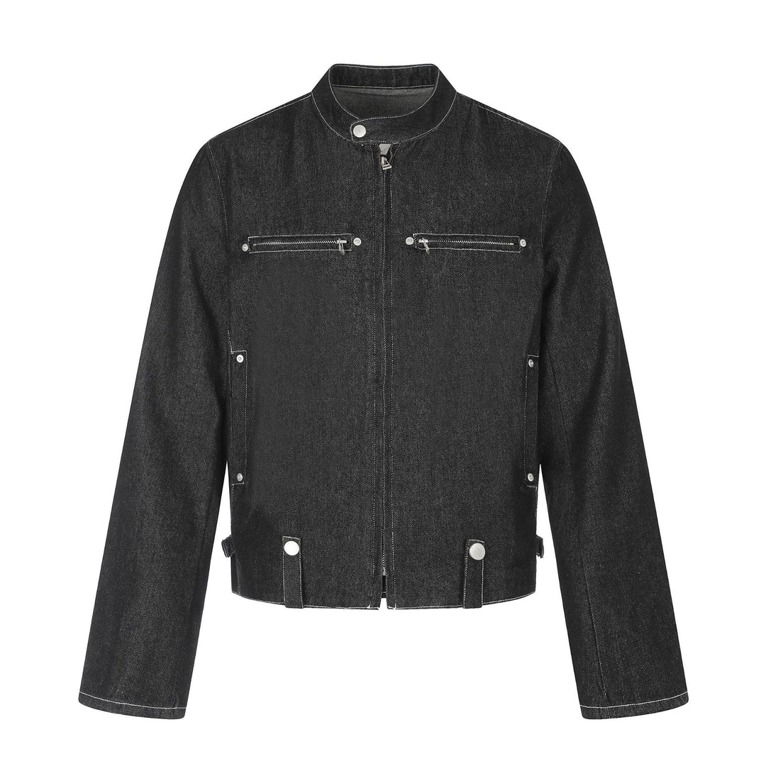 Men's short denim-inspired worker blouson with stand collar, zipper chest pockets, and adjustable waist straps Mune Fashion