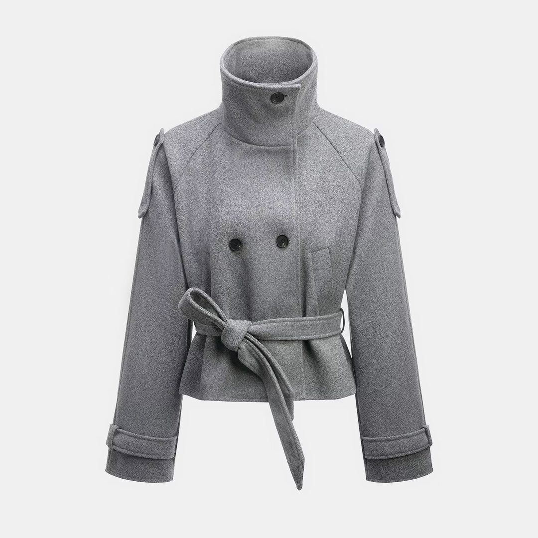Women's Cropped Wool Blend Short Coat with High Stand-up Collar, Epaulettes, and Waist Belt Mune Fashion